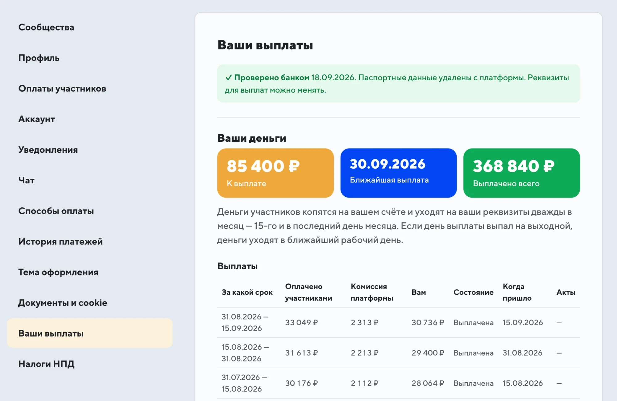 Выплаты автору: сумма к выплате, ближайшая дата и история